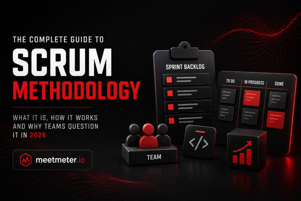 Dark futuristic illustration of Scrum methodology with agile sprint backlog, kanban workflow and software development team collaboration in 2026