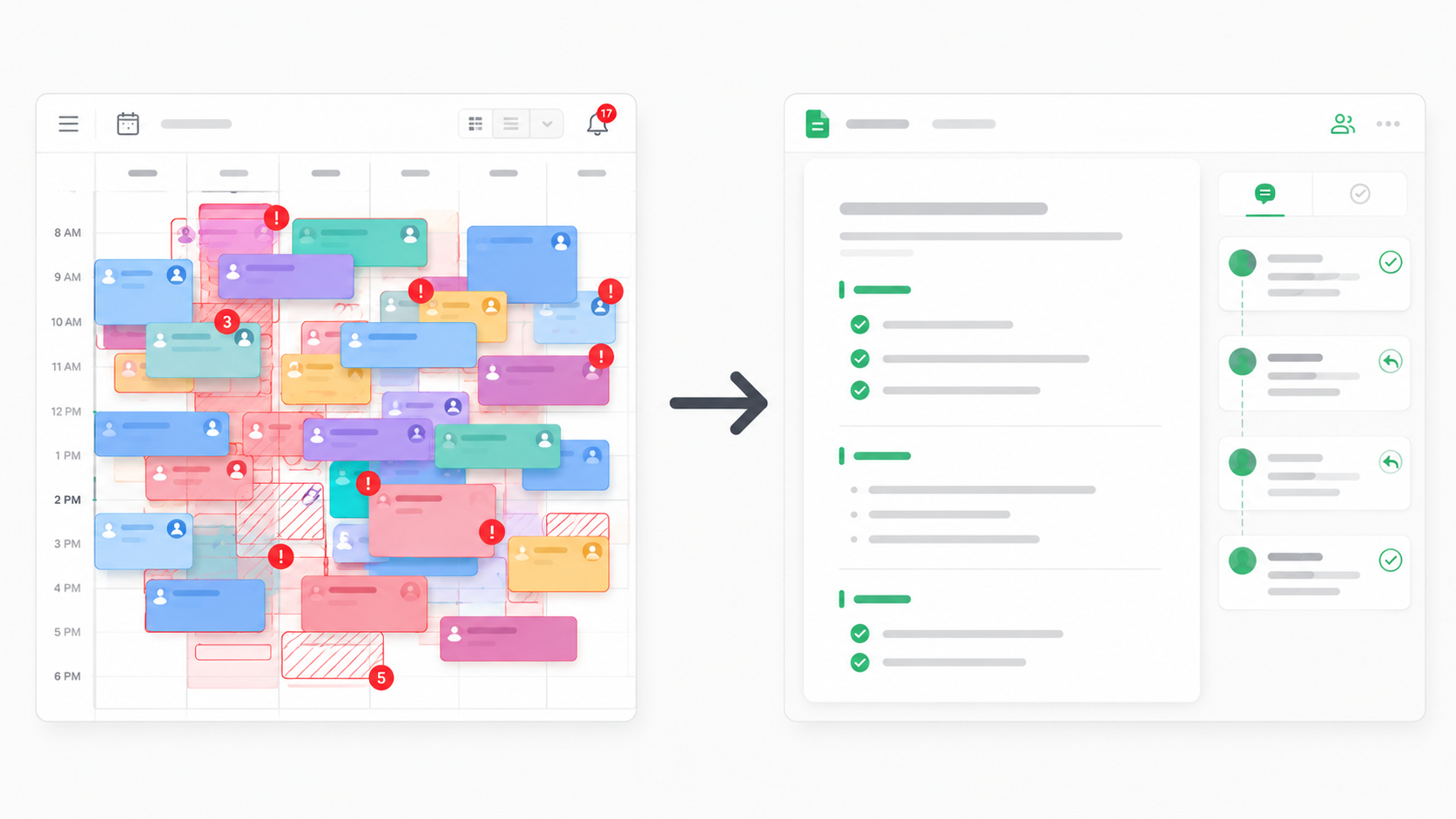 Comparison illustration showing chaotic meeting calendar on the left versus clean async document system on the right, representing GitLab no meetings approach