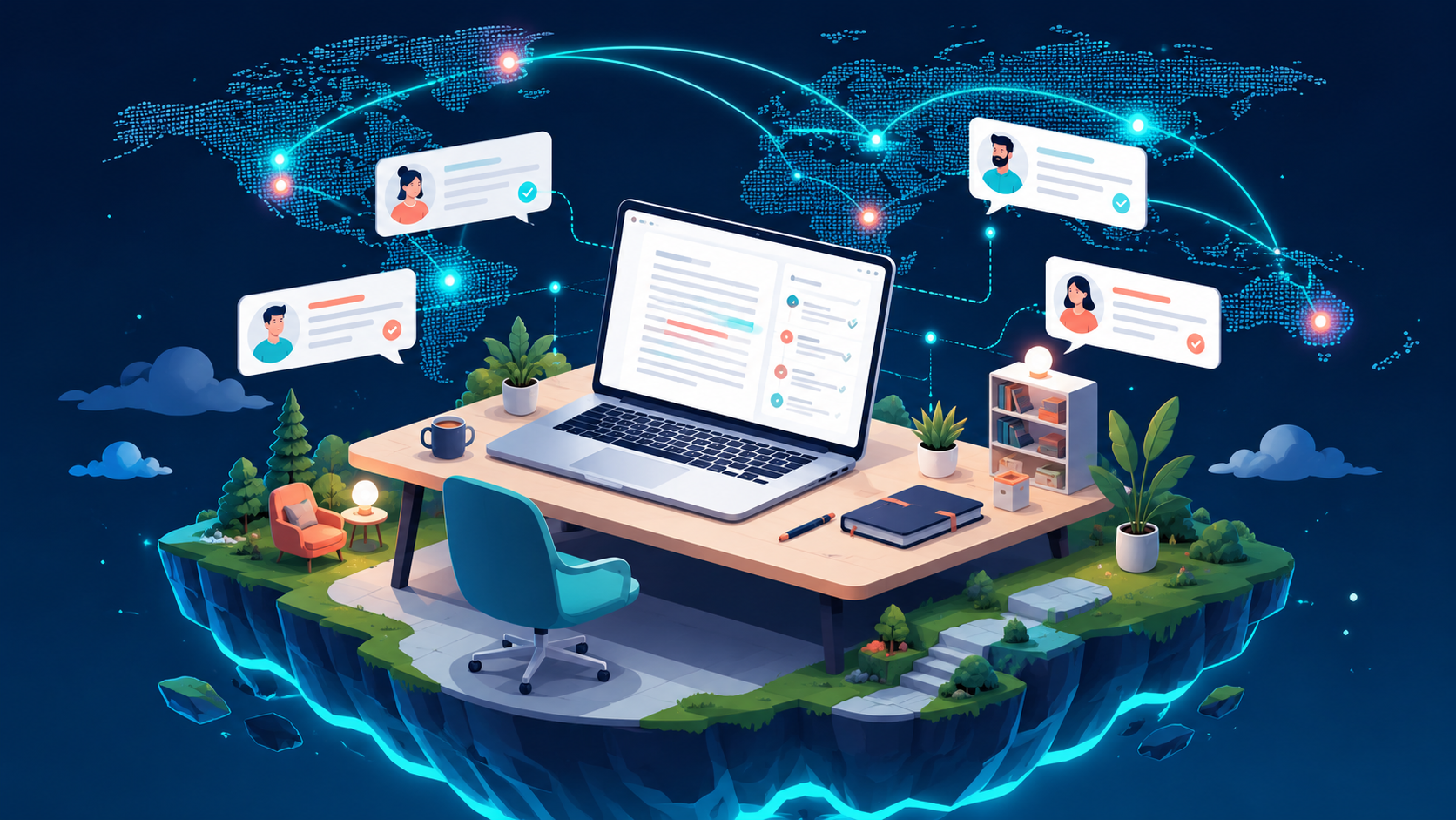 Isometric illustration of a remote team collaborating asynchronously across countries without meetings, representing GitLab no meetings culture