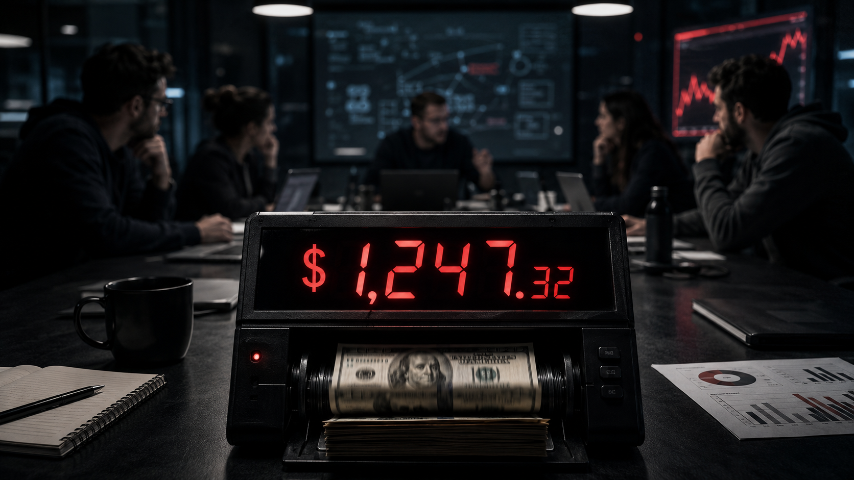 Infographic showing the hidden cost of business meetings with a real-time dollar counter and engineering team in the background