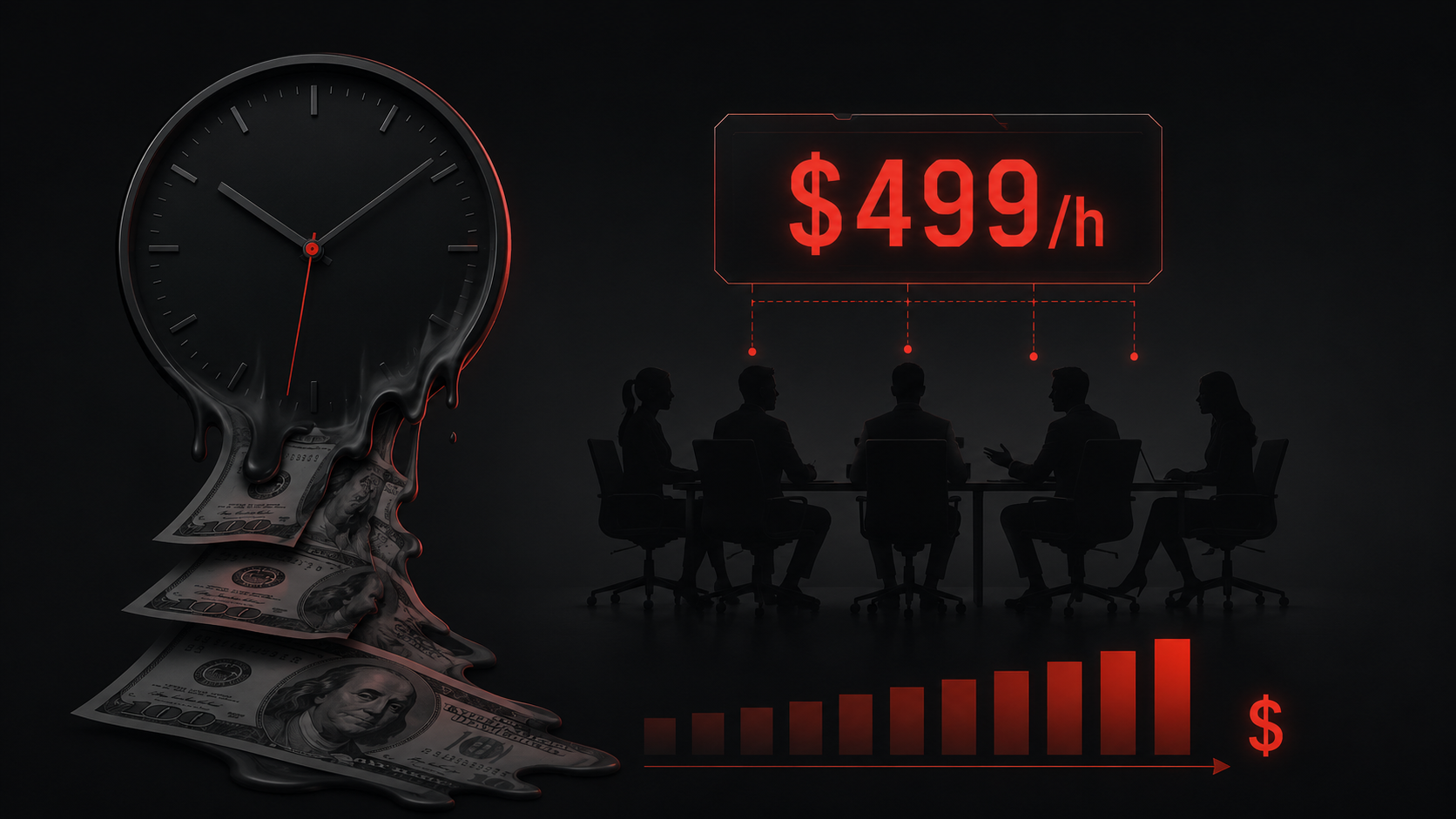 Dark infographic illustrating the cost of business meetings formula with salary burn rate per role and hourly cost calculation